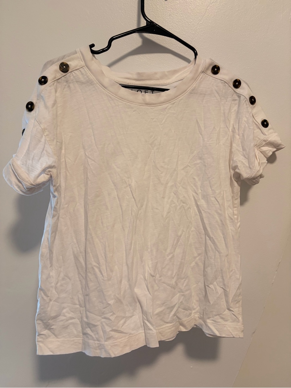 LOFT White Short Sleeve Tee with Shoulder Button Detail